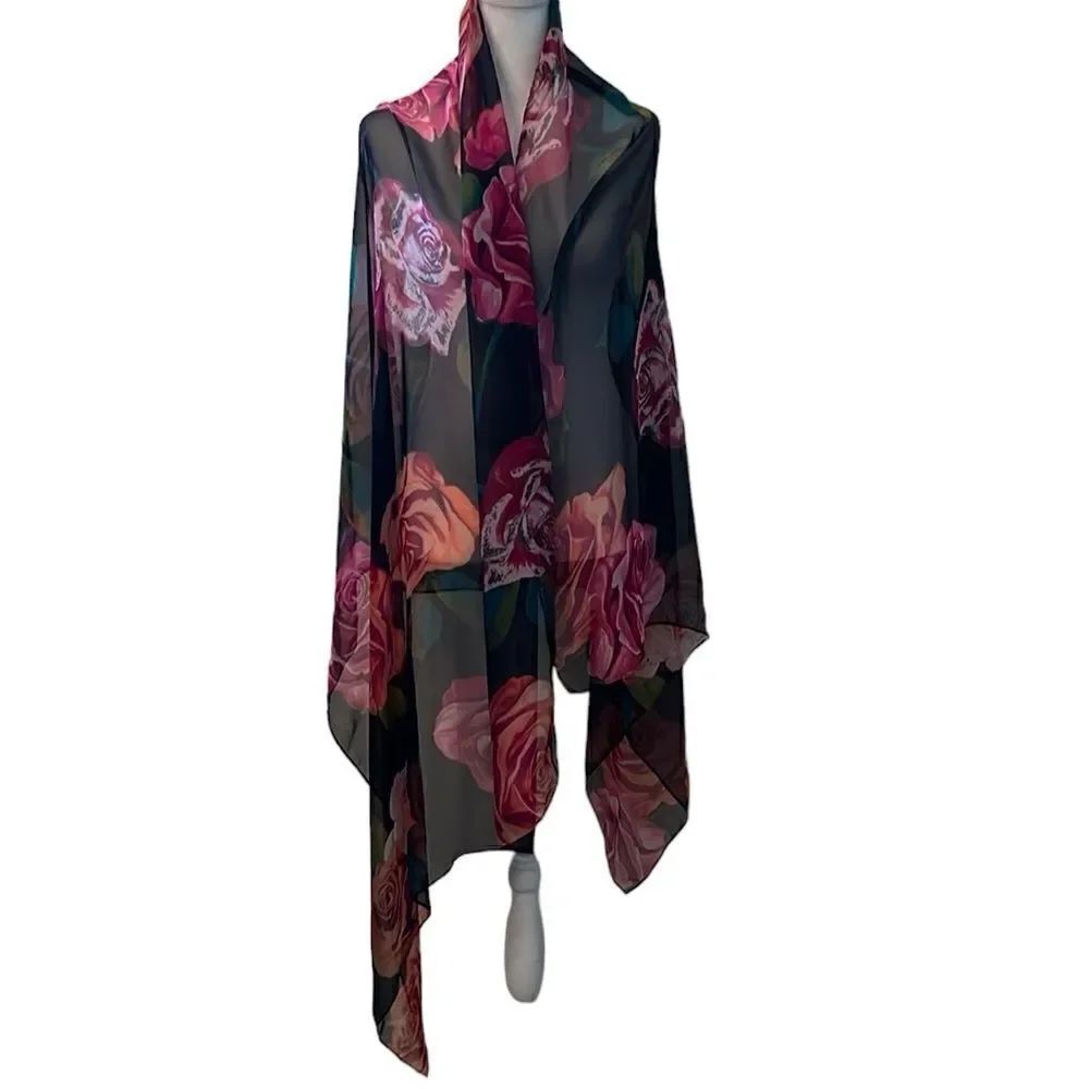 Collectioneighteen black w/pink flowersโsheer scarf wrap Approx 73โ longโEUC